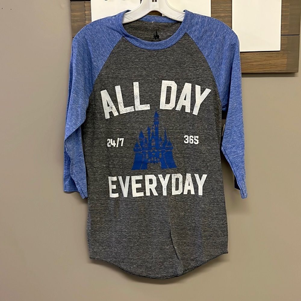 Disney Parks Gray/Blue 3/4 Sleeve Baseball ALL DAY 24/7 365 EVERYDAY Shirt-Small